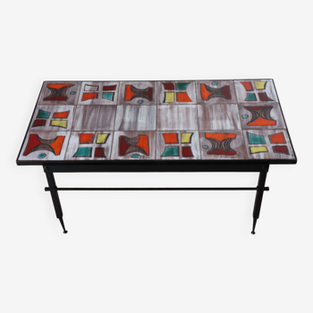 Coffee table with abstract ceramic and metal decoration, 1950