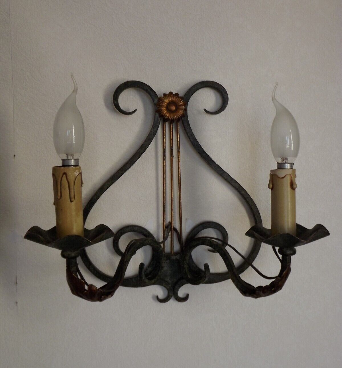 Pair of old antique French double lyre shape green wrought iron wall sconces