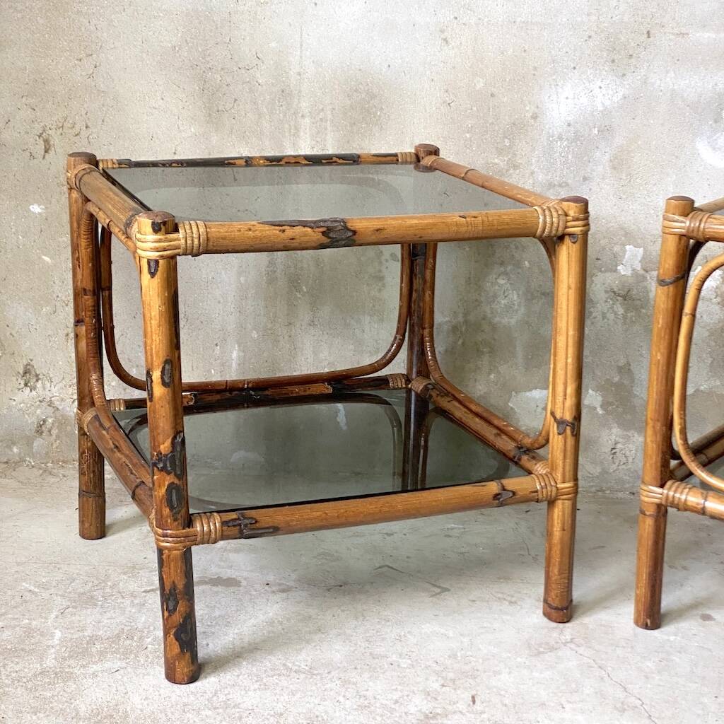 Pair of bedside tables or side tables in vintage 1980s rattan.