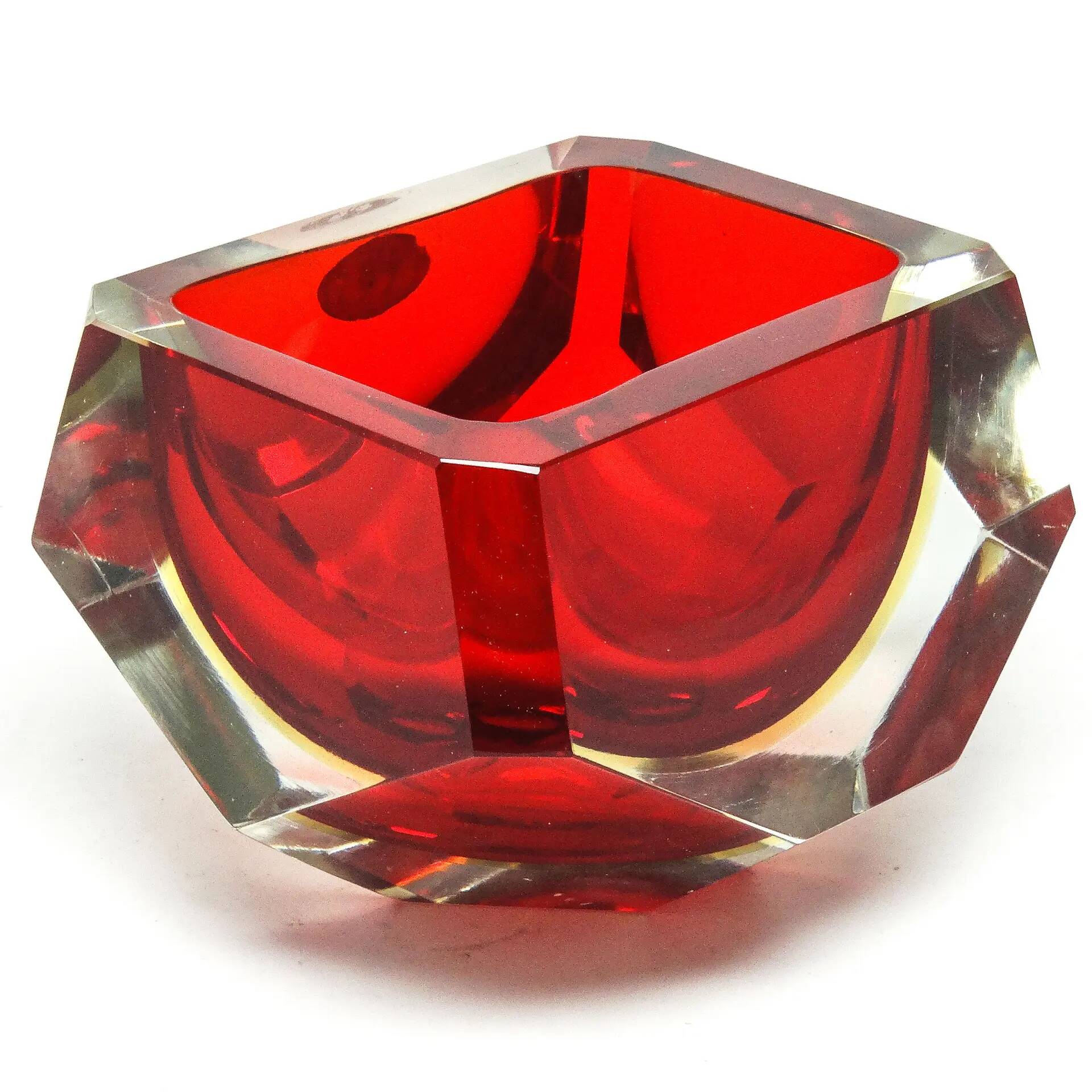 Murano basket, modernism, red glass, designed by F. Poli, Italy, 1950s