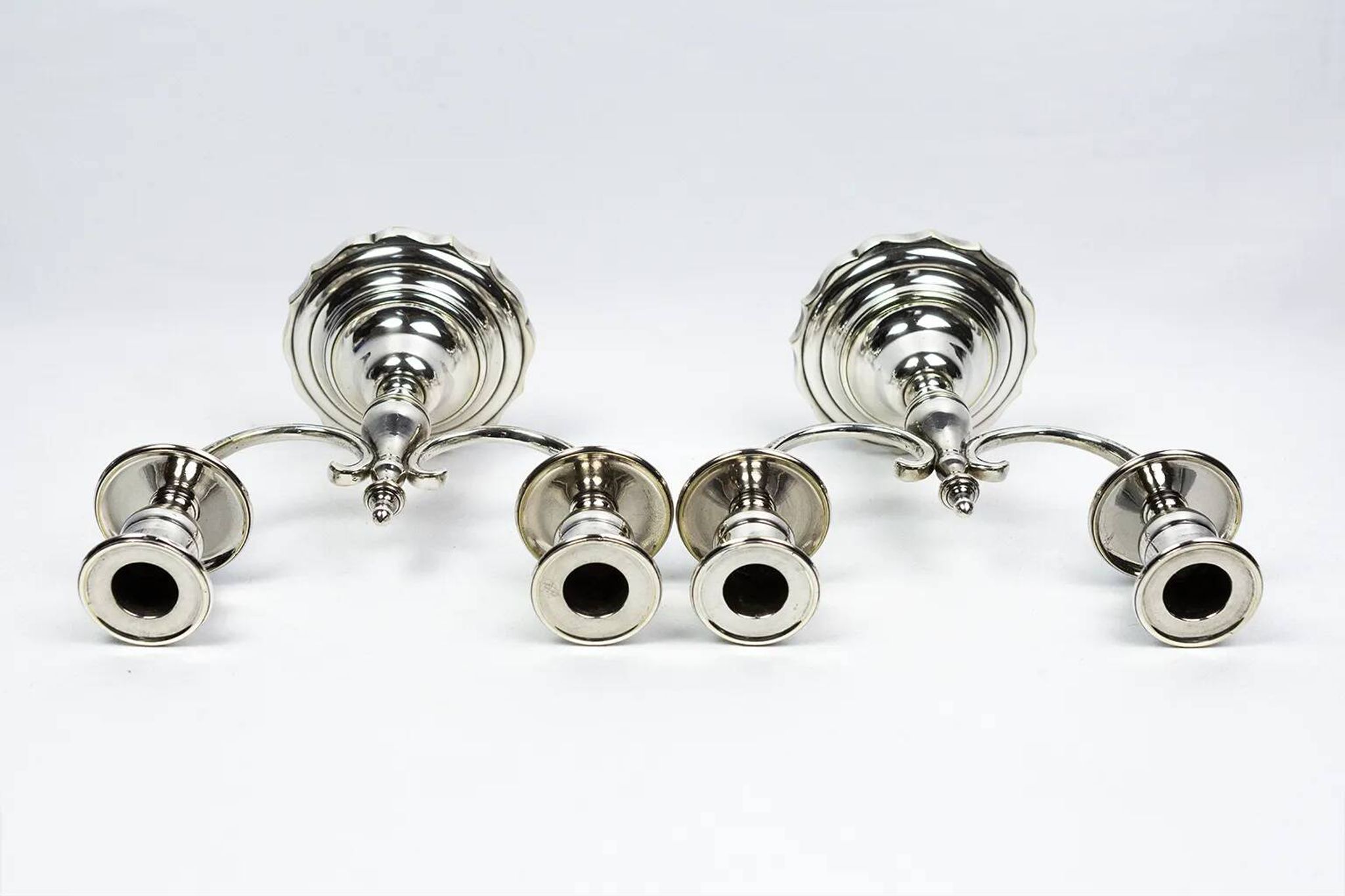 Pair of candlesticks | antique two-armed candelabra in silver-plated metal