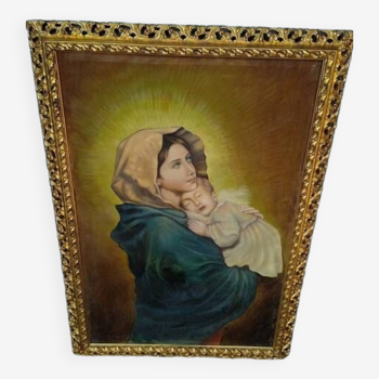Tableau huile sur toile Vierge à l'enfant portrait 1940- 102/72cm