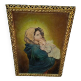 Tableau huile sur toile Vierge à l'enfant portrait 1940- 102/72cm