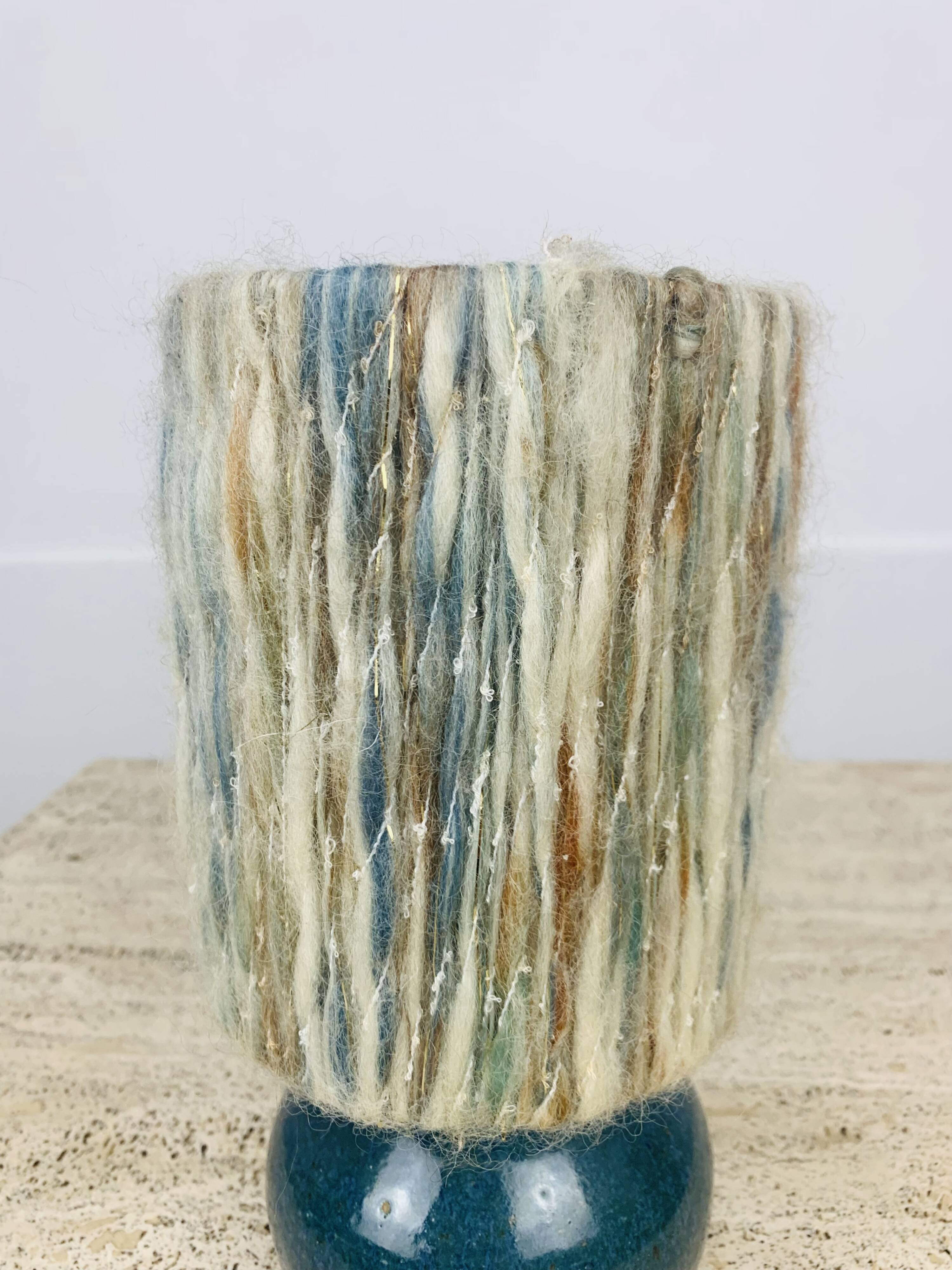 Blue ceramic ball lamp with wool lampshade, vintage