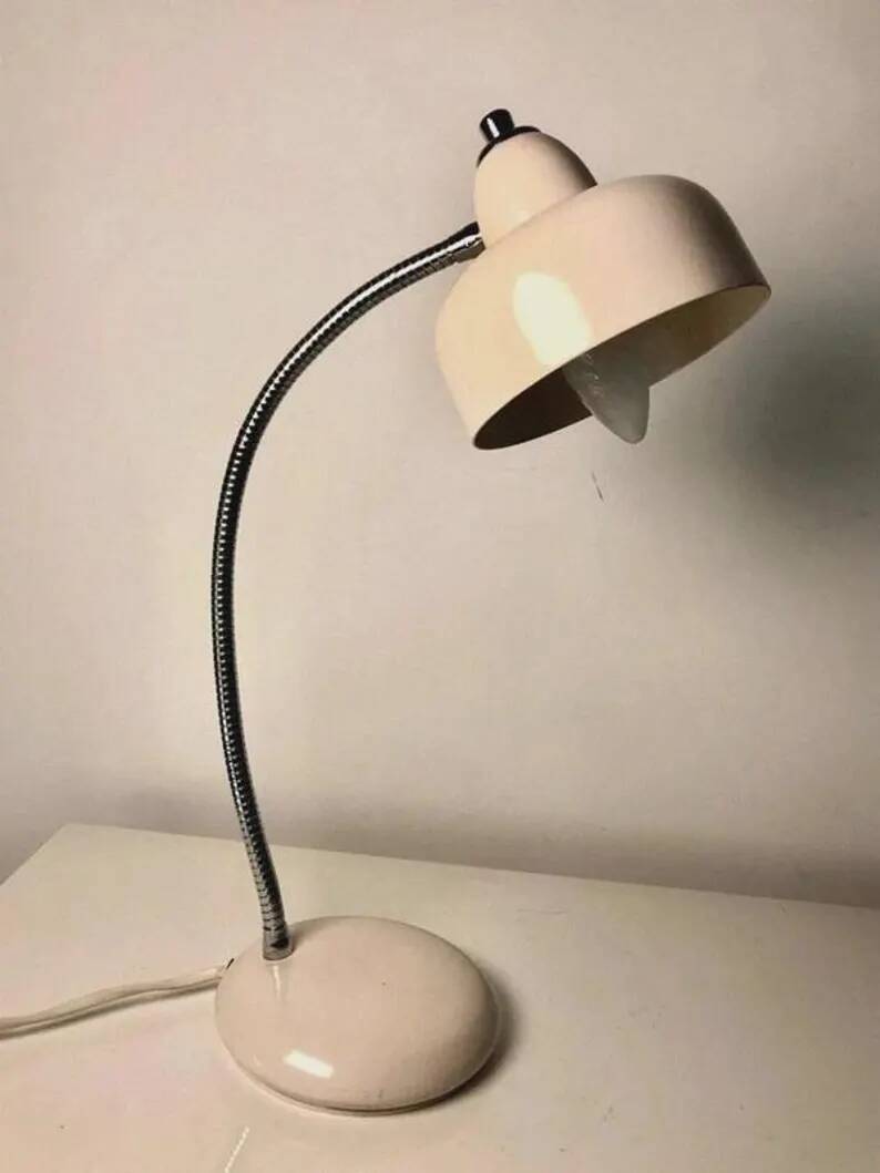 Vintage 1960s Desk Lamp White Metal | Flexible Articulated Swan Neck Light Industrial Mid-Century Design Living Room