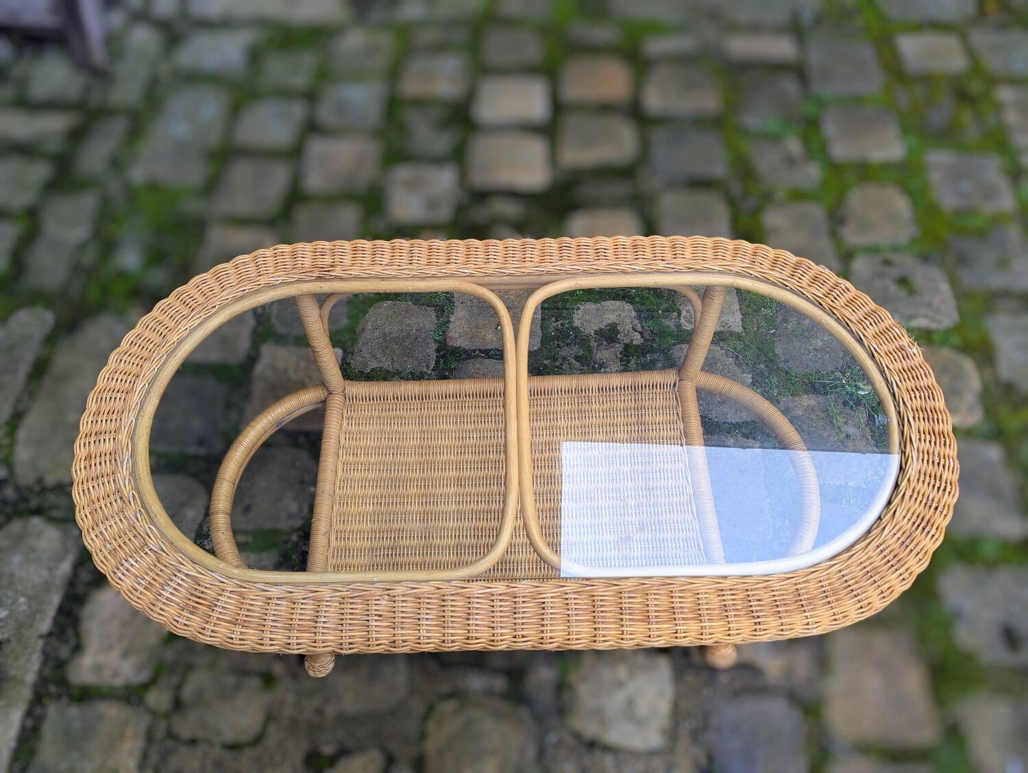 Vintage Rattan and Wicker Coffee Table - Glass Top - Bohemian Style