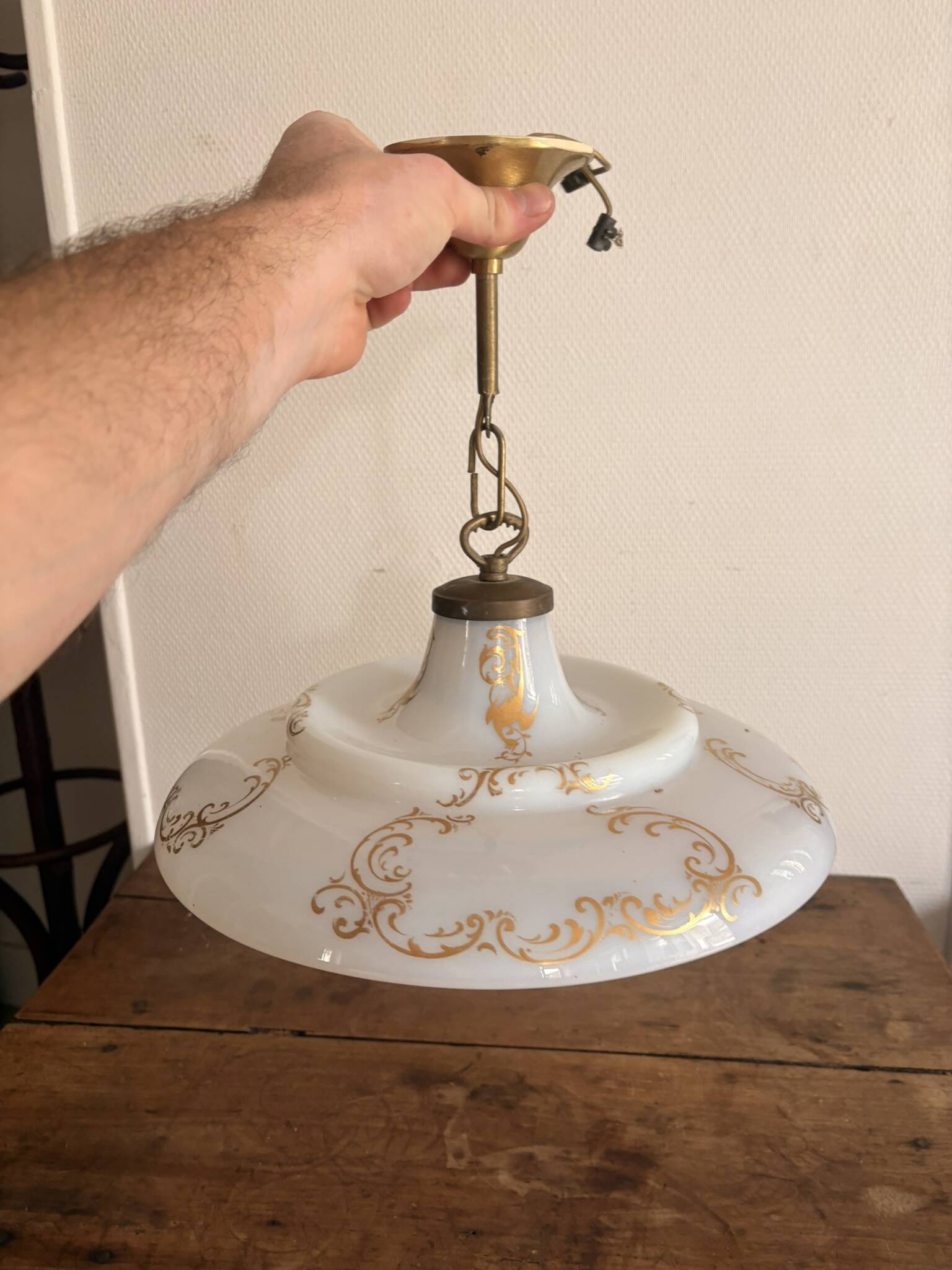 Opaline White Lustre Suspension Brass Gilding Retro Neo Rococo