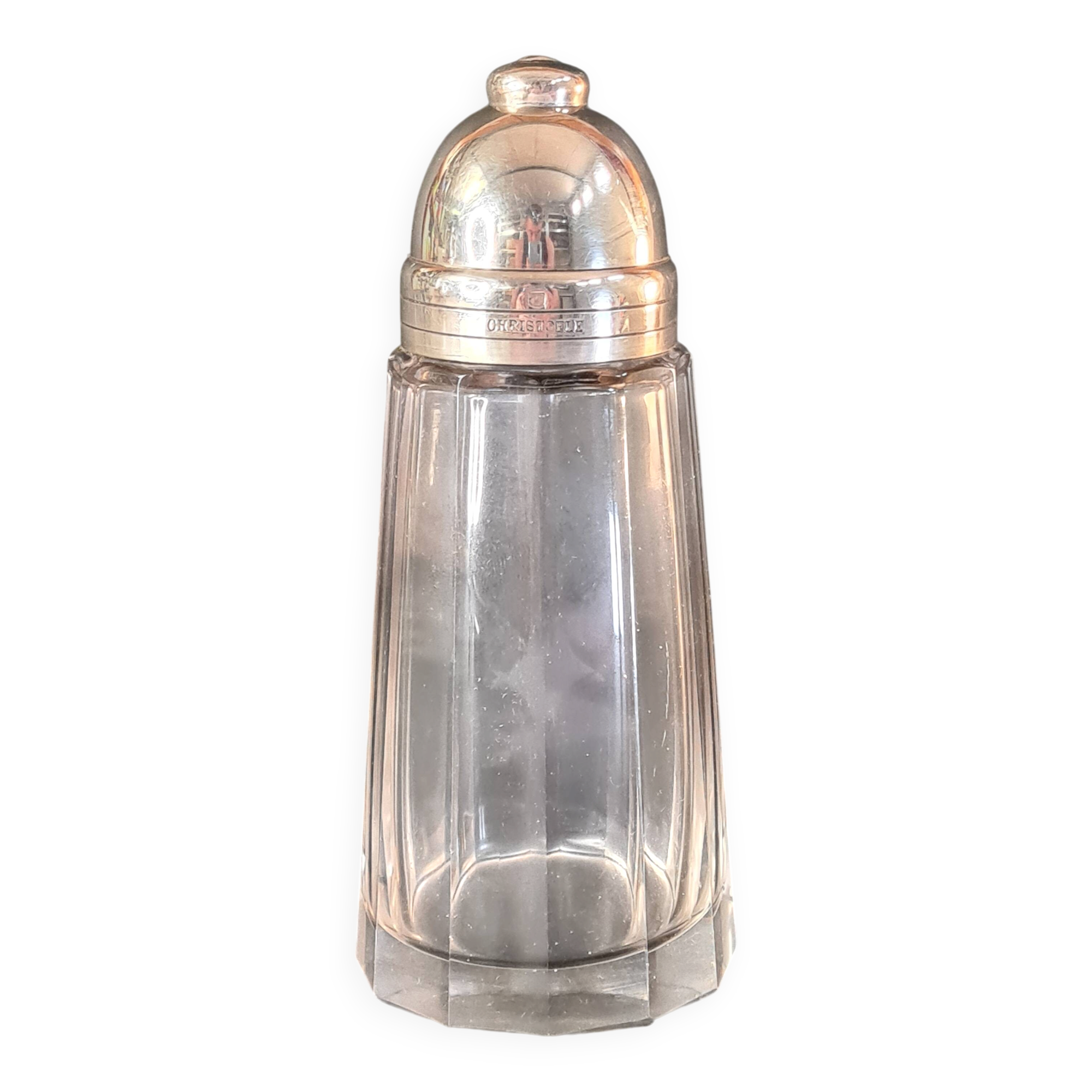 Christofle sugar bowl in cut crystal and silver-plated metal.