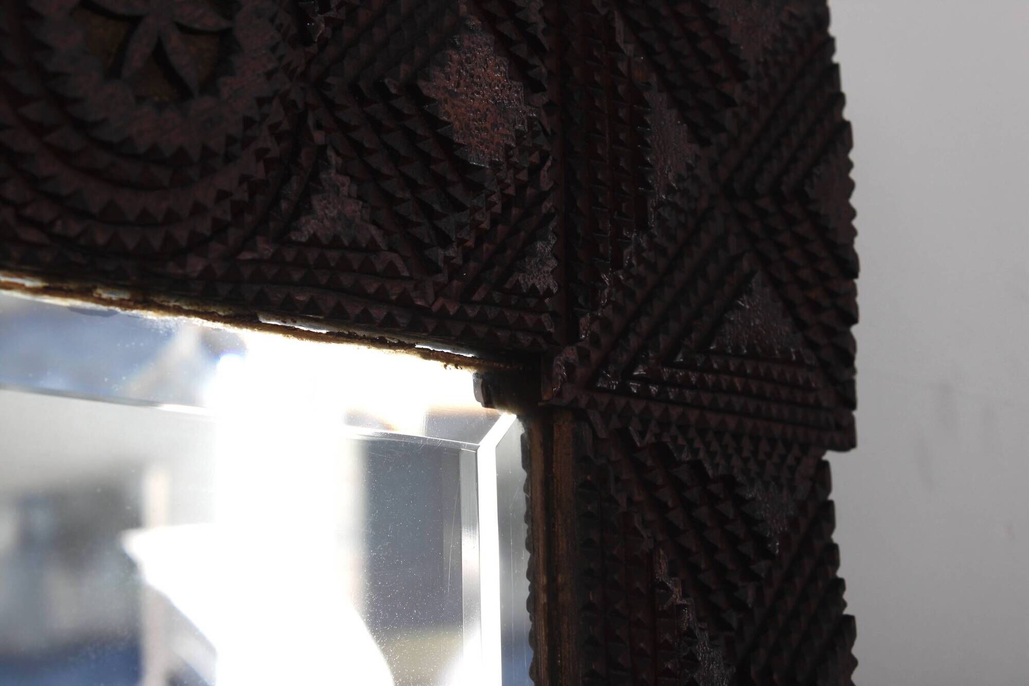 Antique Tramp Art wall mirror brutalism chip carving 1900