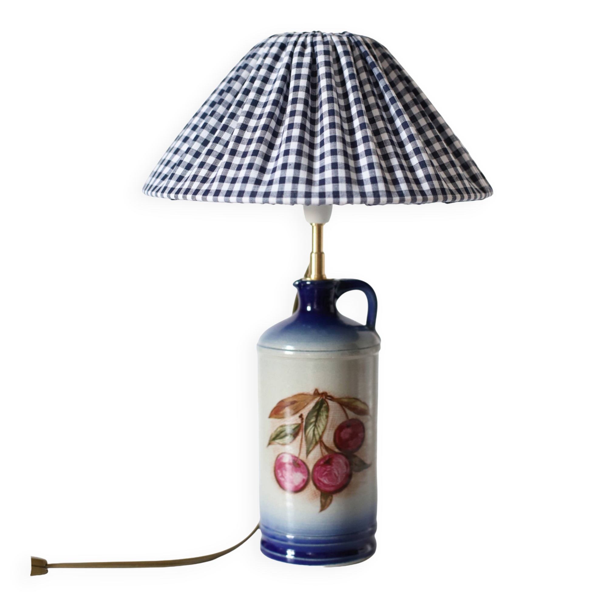 Table lamp with a base in Alsatian stoneware and a pleated gingham lampshade