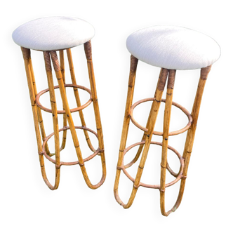 Pair of vintage high stools 1970 in rattan and beige seat