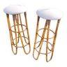 Pair of vintage high stools 1970 in rattan and beige seat