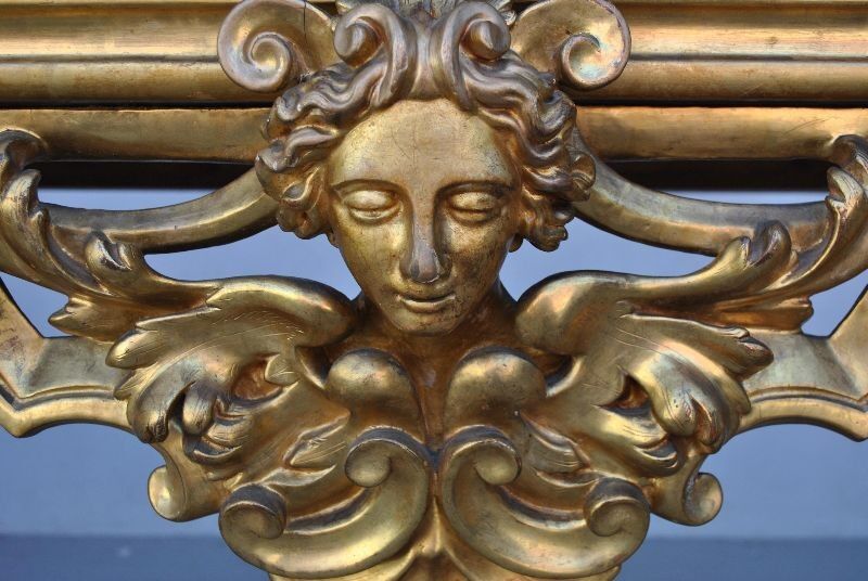 Console rocaille bois doré marbre romain XVIIème