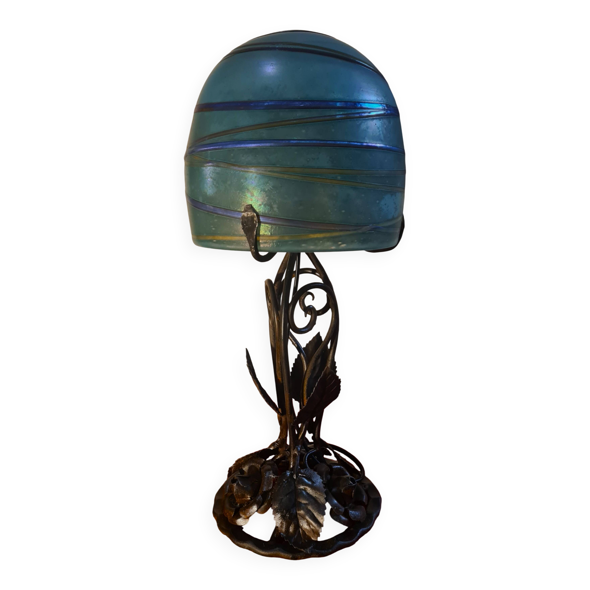 superb thick wrought iron Art Nouveau lamp, Kralik Loetz glass paste,