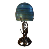 superb thick wrought iron Art Nouveau lamp, Kralik Loetz glass paste,