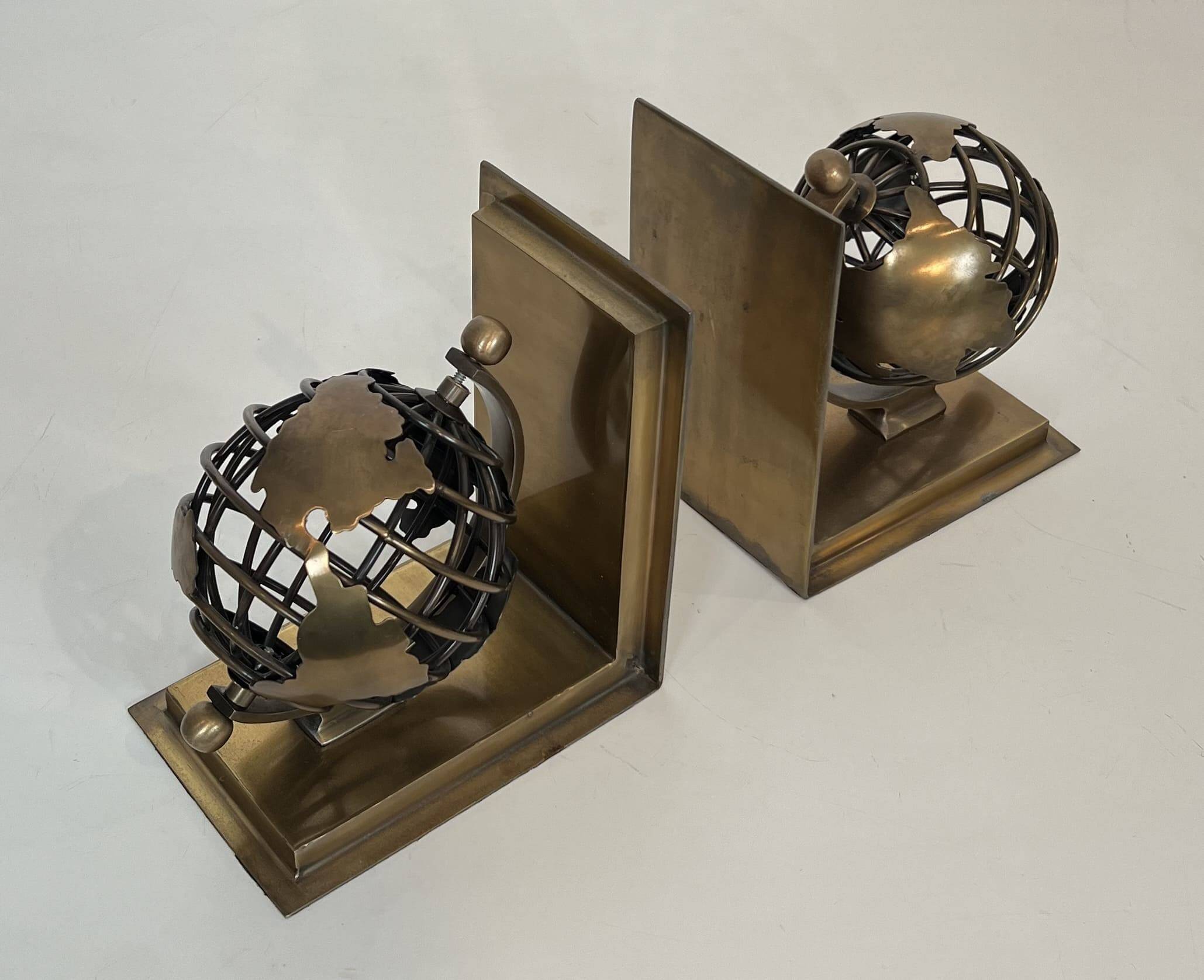 Pair of Brass Bookends with Openwork Globe Decorations. Work