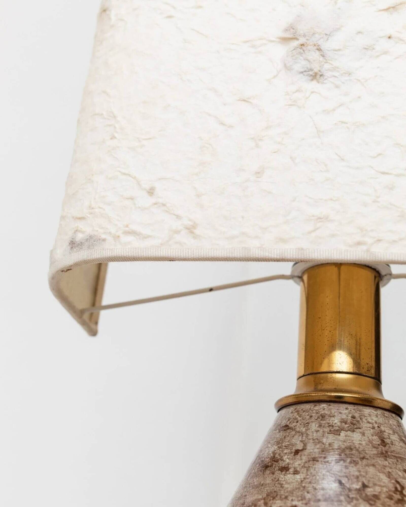 Brown ceramic mid-century table lamp with cream handmade paper floral shade and brass accents