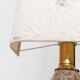 Brown ceramic mid-century table lamp with cream handmade paper floral shade and brass accents