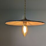 Vintage green enamelled metal suspension, antique industrial light fixture.