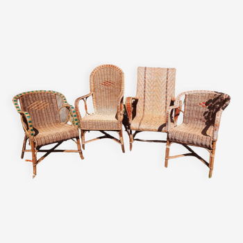 Set of 4 wicker and rattan armchairs