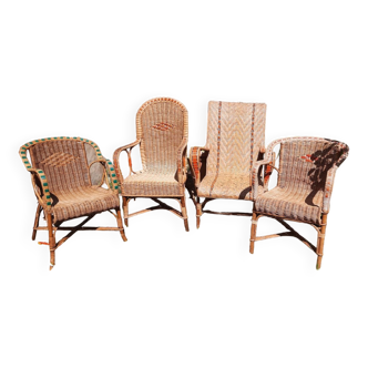 Set of 4 wicker and rattan armchairs