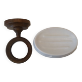 Porcelain soap holder and wooden wall mount