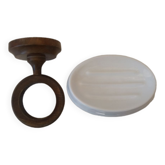 Porcelain soap holder and wooden wall mount