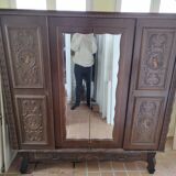 Antique wardrobe in Henri II style – carved oak – 4 doors with mirror