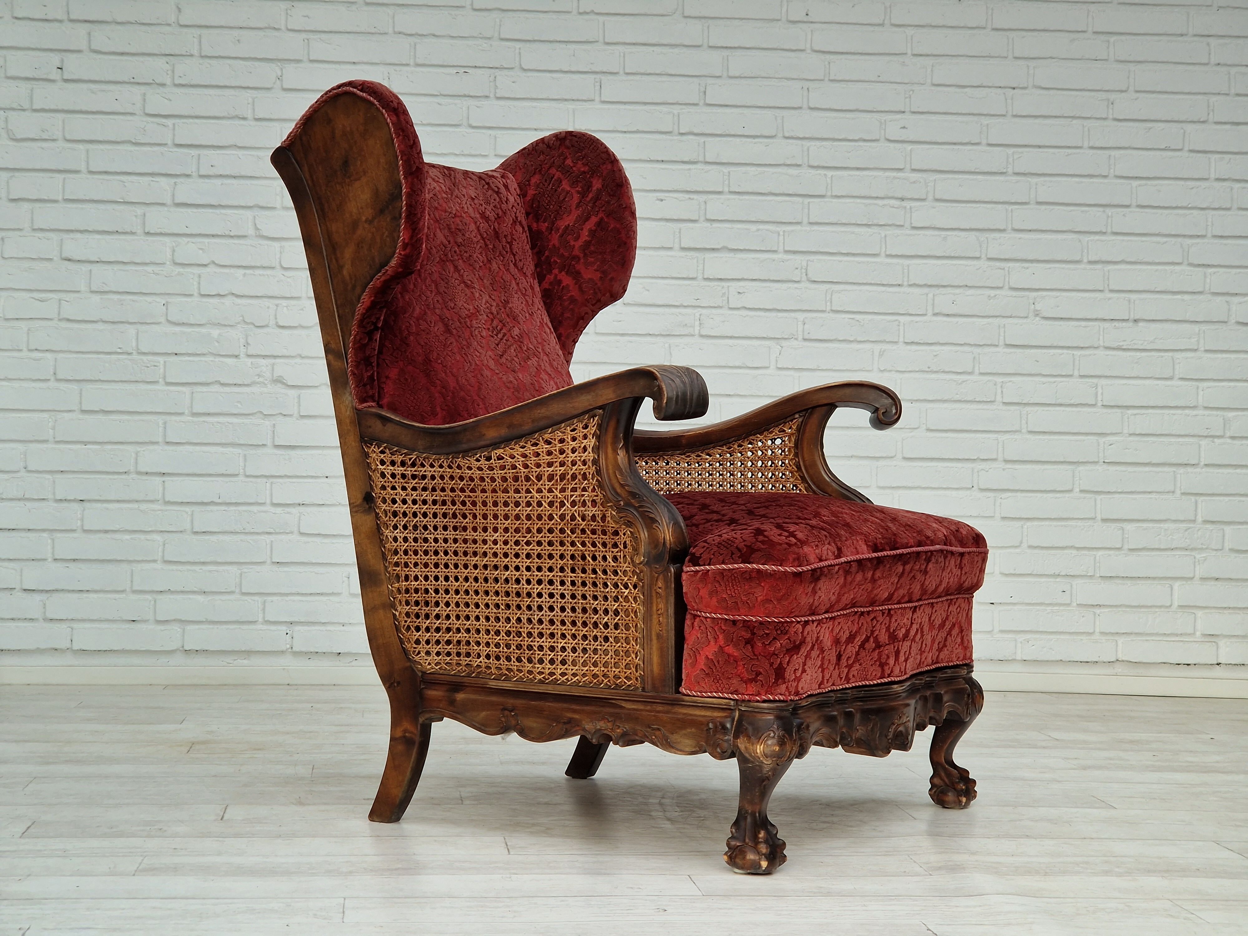 Fauteuil danois en bois de frêne et velour années 1930