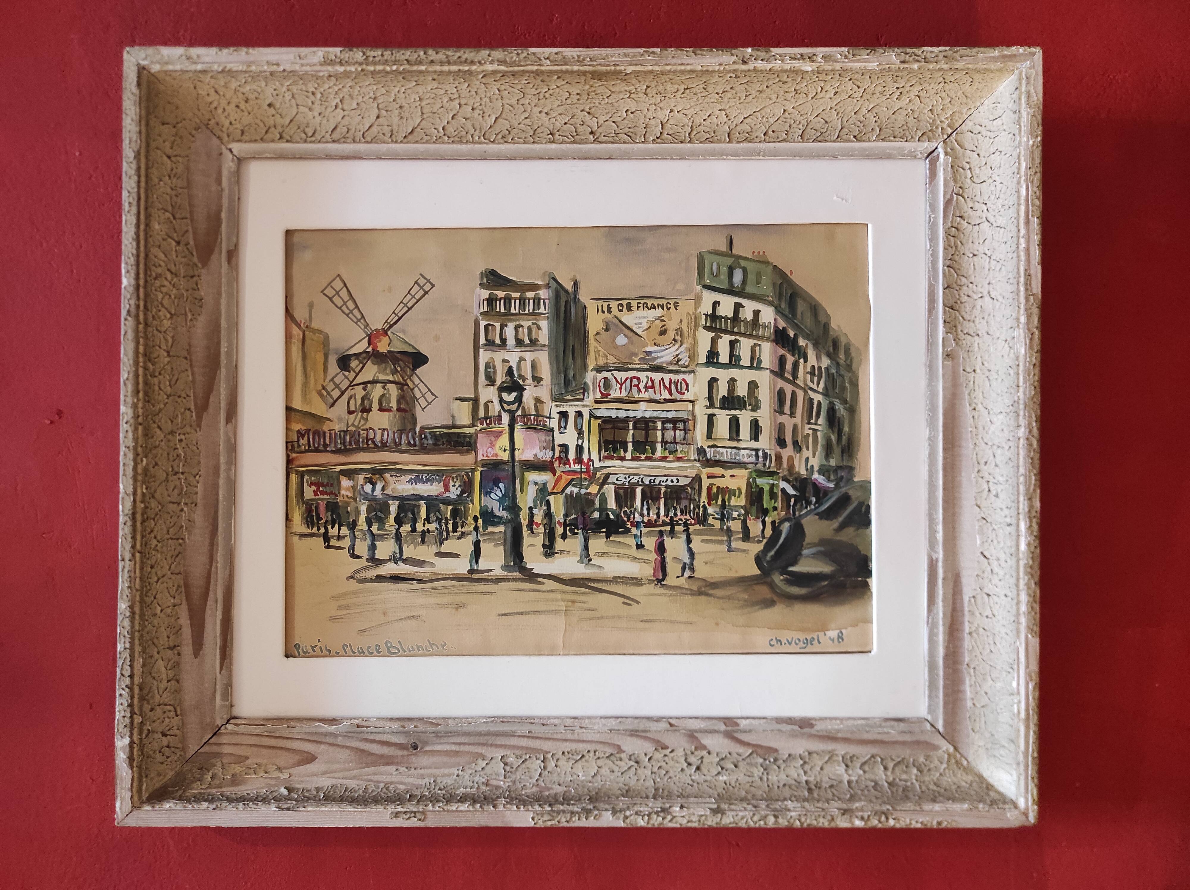 Vintage French watercolour of the Moulin Rouge, in Paris, signed Ch. Vogel, from 1948