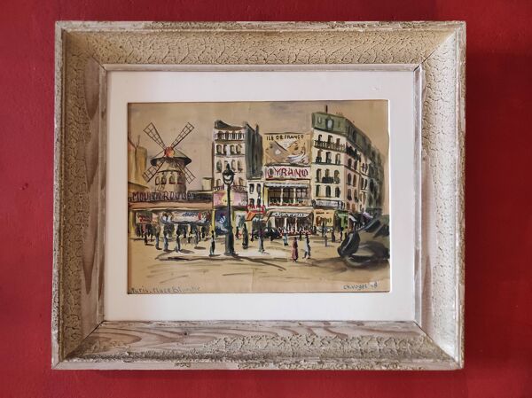 Aquarelle française vintage du Moulin Rouge, à Paris, signée Ch. Vogel, de 1948