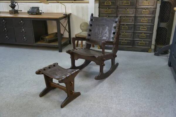 Armchair with ottoman by Angel Pazmino in wood and brown leather 1960's