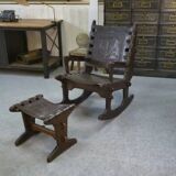 Armchair with ottoman by Angel Pazmino in wood and brown leather 1960's
