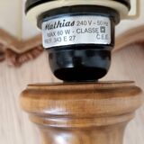 Table lamp in turned wood and umbrella-style leather lampshade