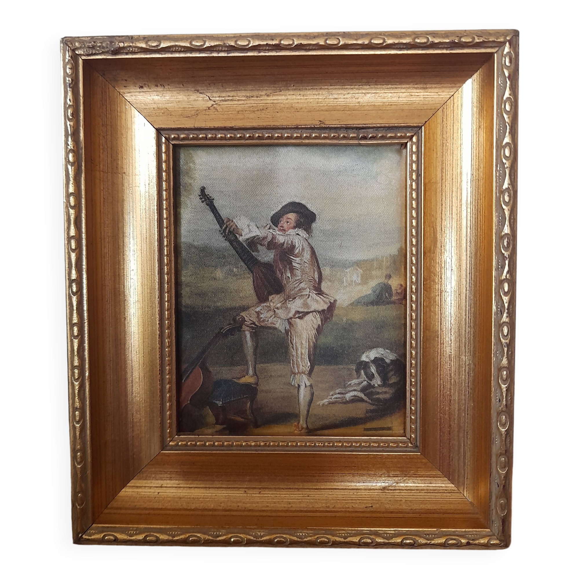 Old golden frame "lute player" on silk