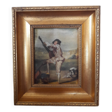 Old golden frame "lute player" on silk