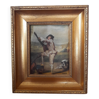 Old golden frame "lute player" on silk