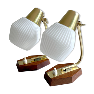 Pair of Scandinavian vintage table or bedside lamps, teak and glass, 60s