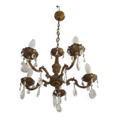Petite Vintage French Bronze & Crystal Mid Century 5 Light Chandelier