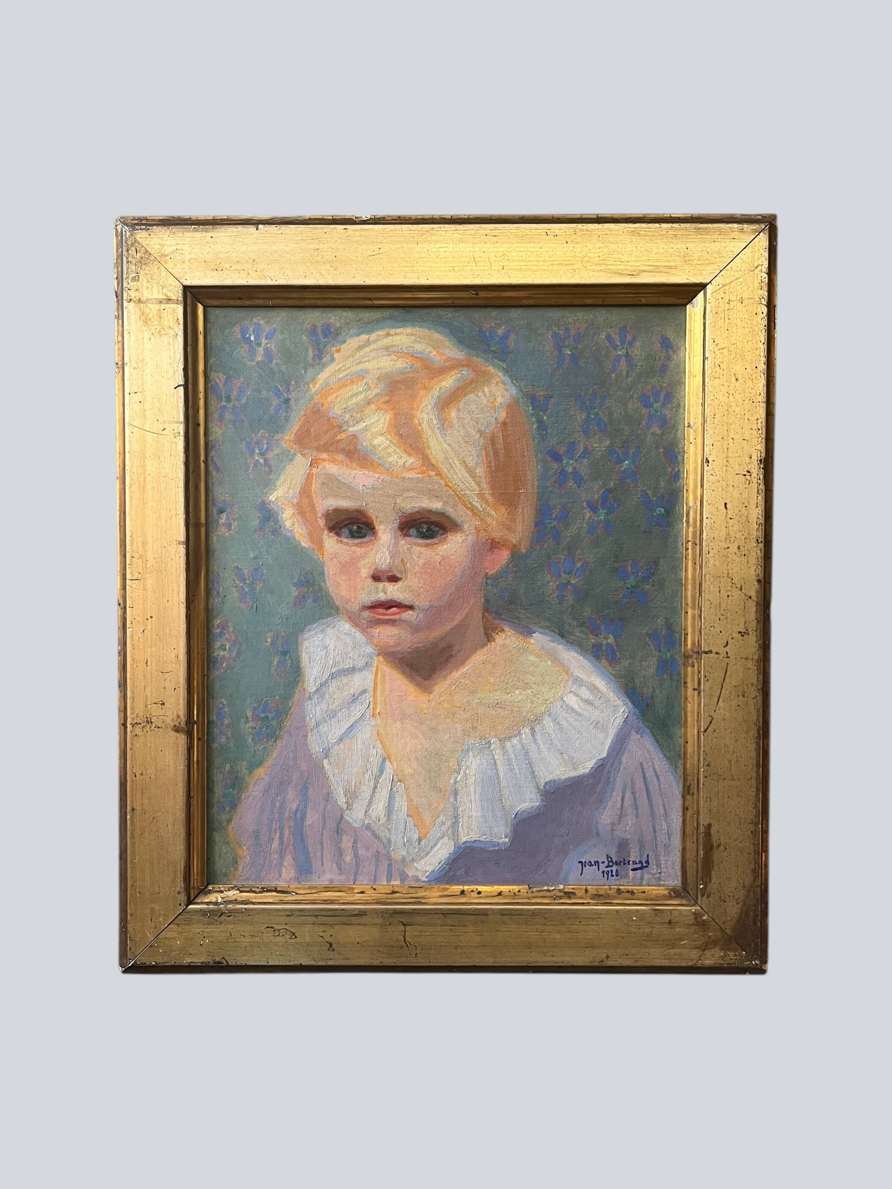 Oil on canvas, portrait of a child signed J. Bertrand, early 20th century.