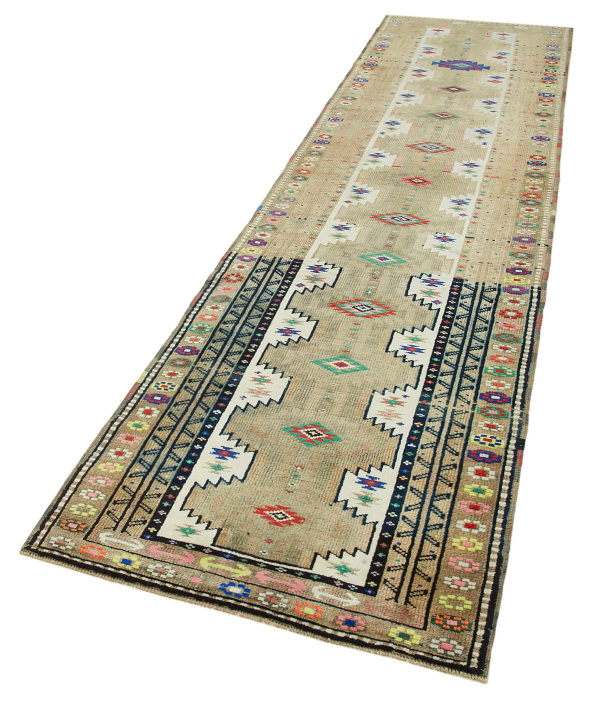 Hand-knotted turkish beige runner carpet 95 cm x 368 cm