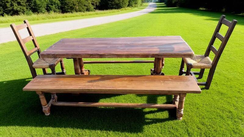 Old farmhouse dining table, 2 benches, 2 chairs
