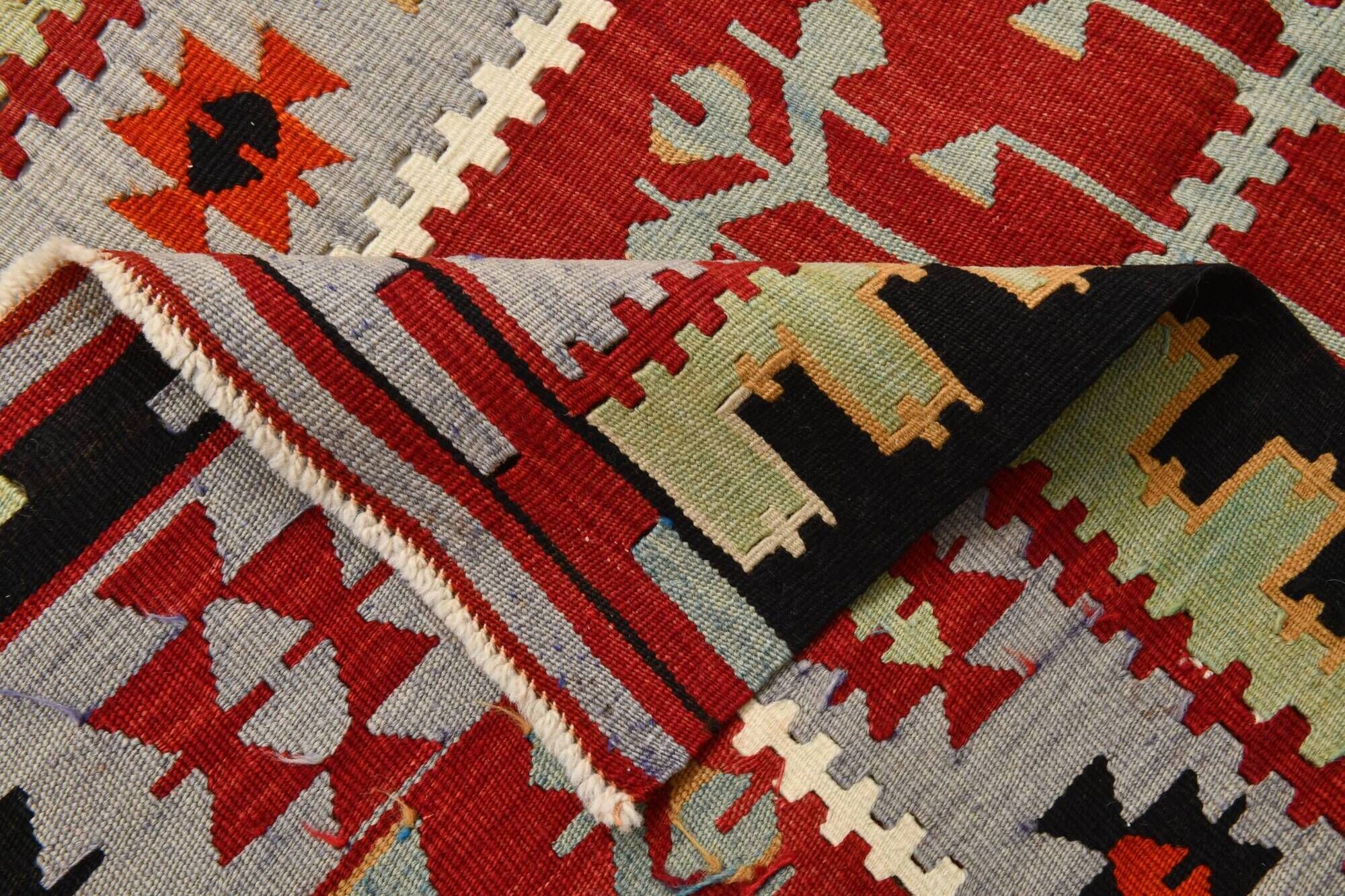 3x5 Red Green Tribal Vintage Kilim Rug, 88x147Cm