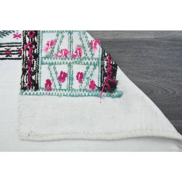 1970s Vintage Turkish Handwoven Wool Cotton White Runner Rug 69x215