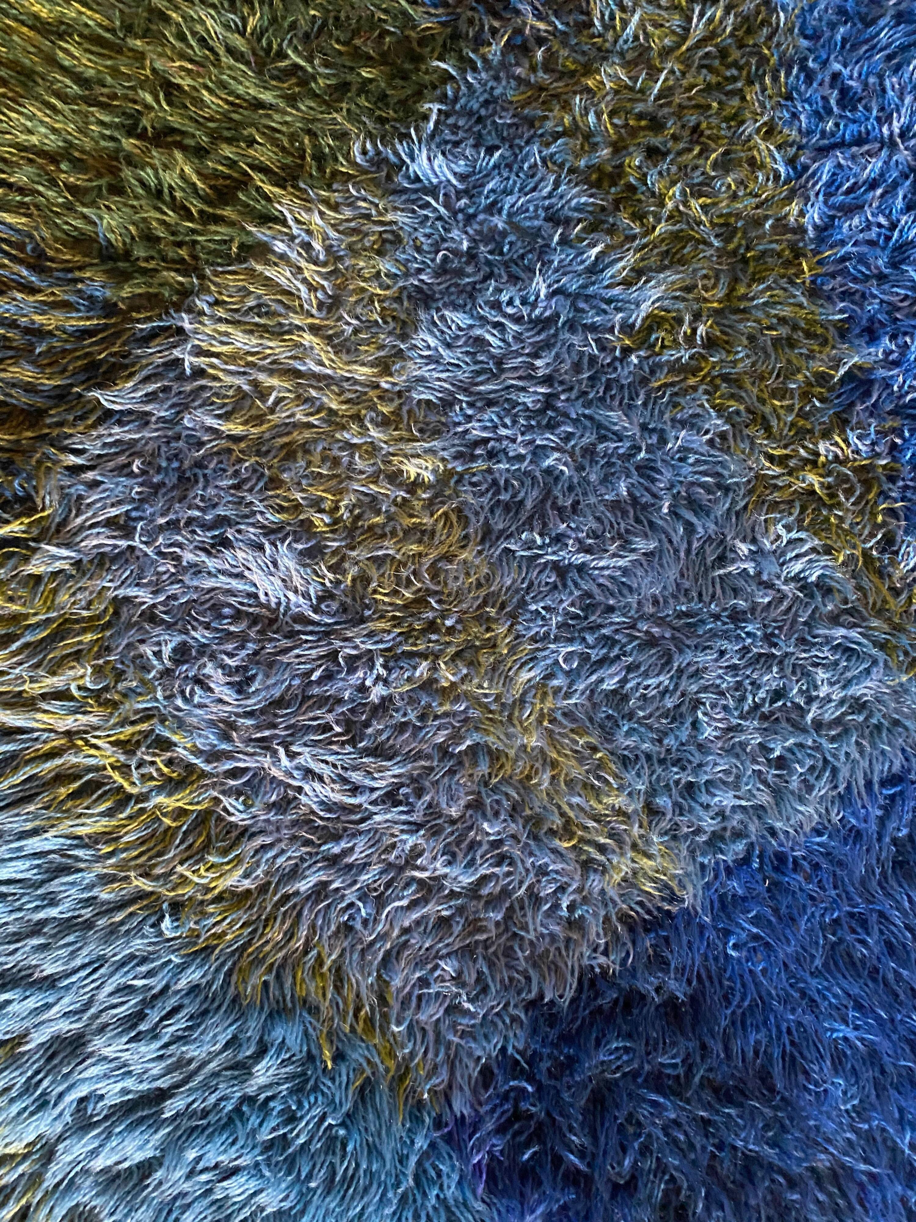 Mid-century Modern High Pile Blue Rya Rug, Sweden, 1960s