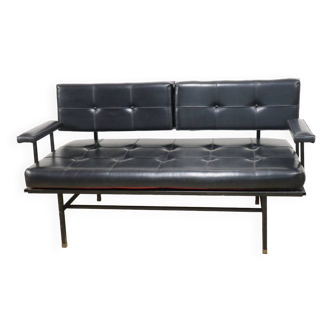 Canapé Banquette "Daybed" vintage en métal et skaï, 1950
