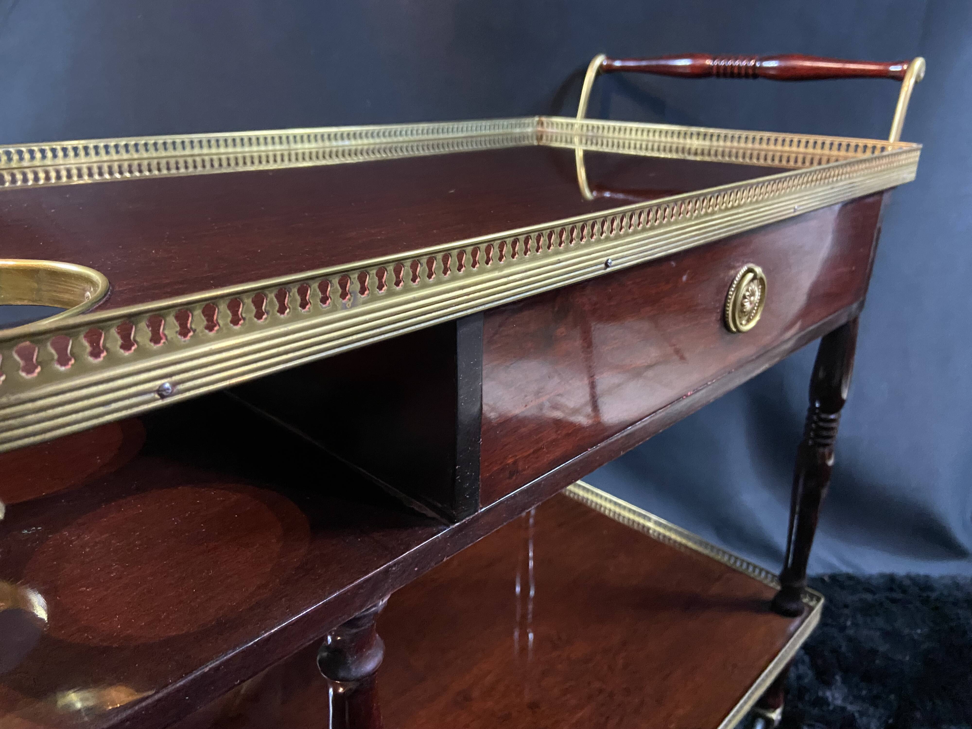 Rolling bar cart, bar trolley, bar rolling in varnished mahogany and brass