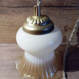 Vanilla caramel ruffled tulip portable lamp, linen cord
