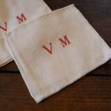 Set of 4 large white monogram embroidered linen napkins