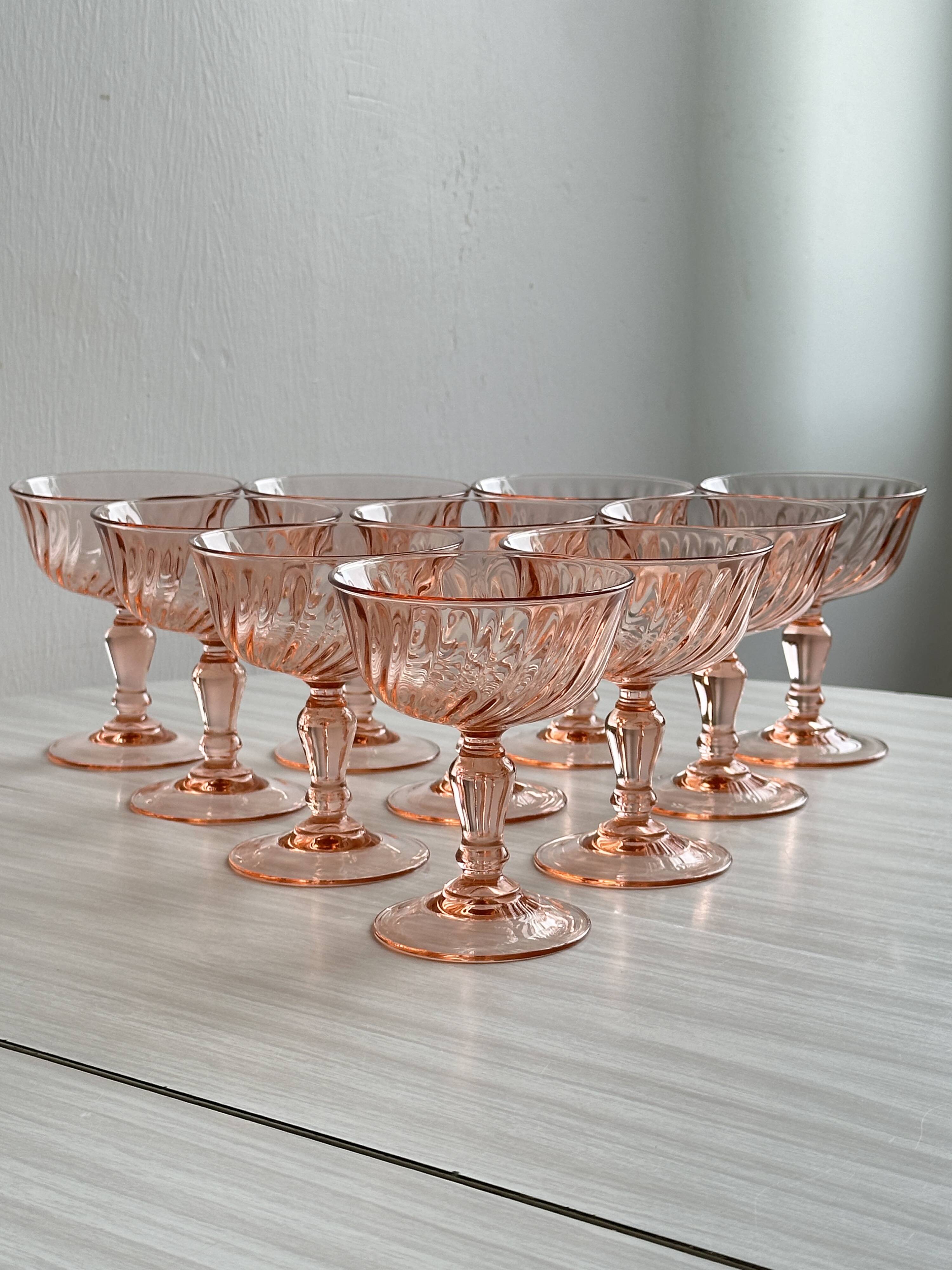 10 Vintage Twisted Pink Glass Champagne Coupes